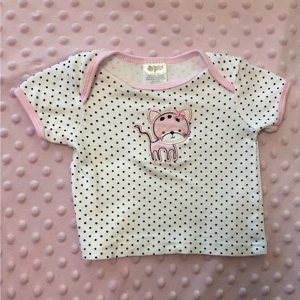 Baby Gear Pink and White Embroidered Cat Print Tee 0-3 Months